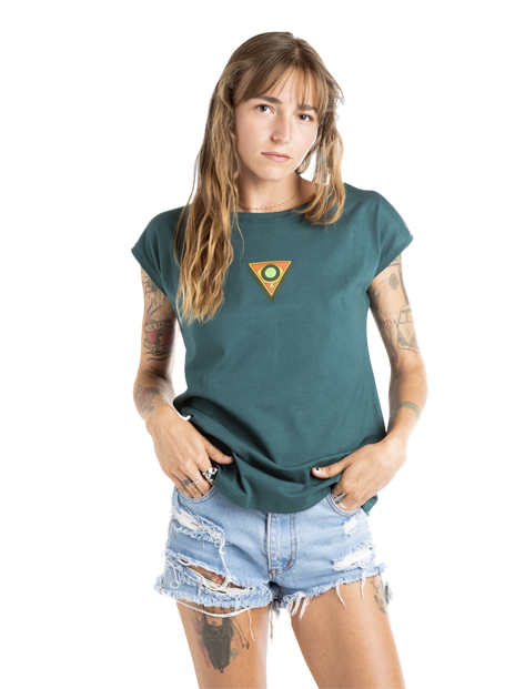 a woman wearing Peyote Green t-shirt