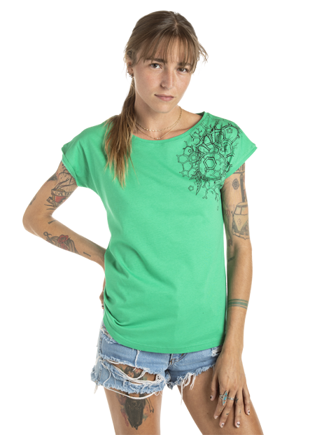 a woman wearing a mint green t-shirt