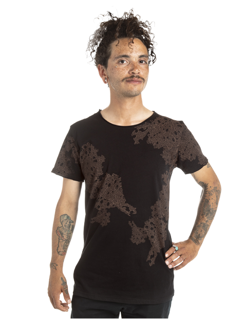 a man wearing a brown t-shirt