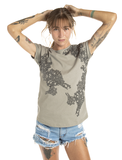 a woman wearing a grey t-shirt